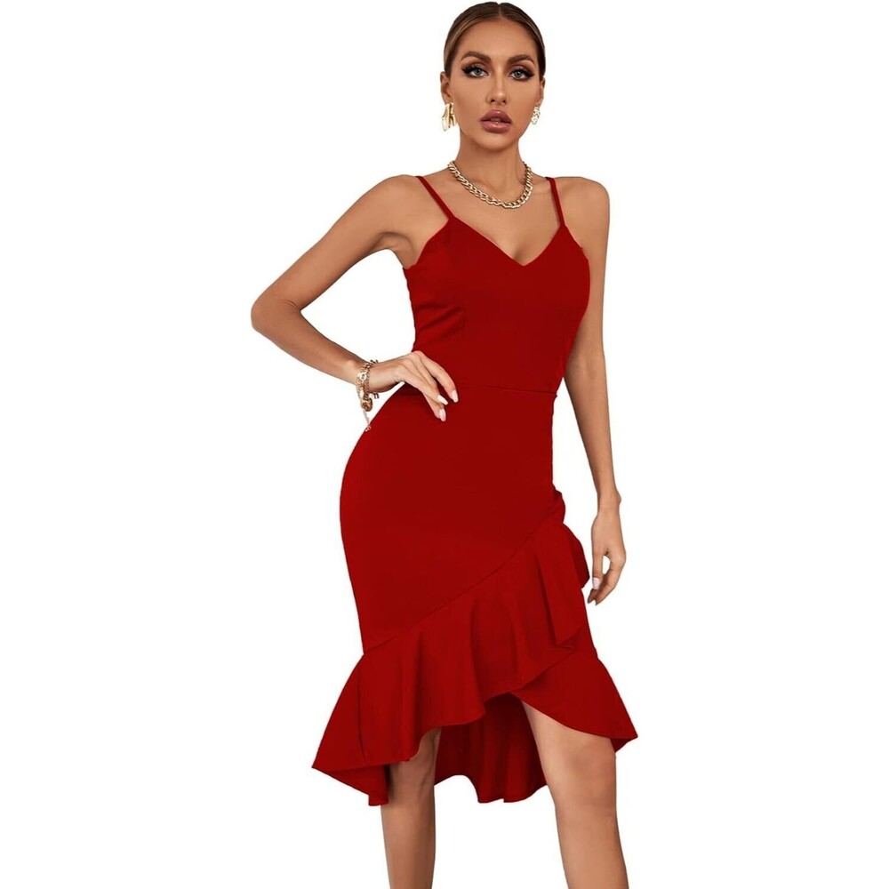 Women's Dress Size Medium Valentine Red Bodycon Asymmetric Ruffle Hem Party Sexy